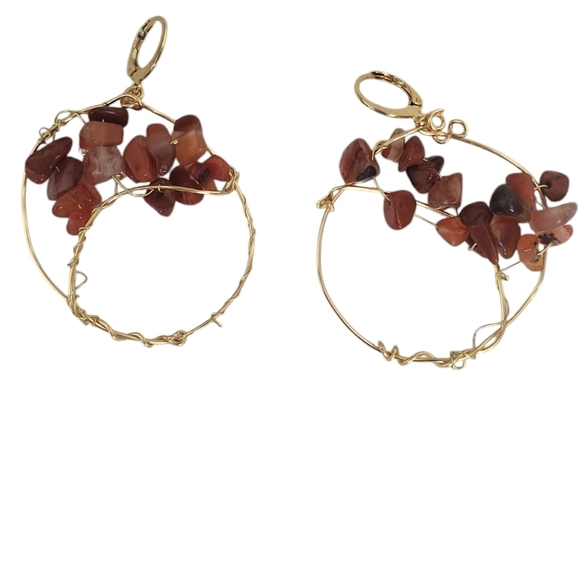 14K Gold Tree Of Life Hoop Huggie Hoop Earring Carnelian - Picture 2 of 4